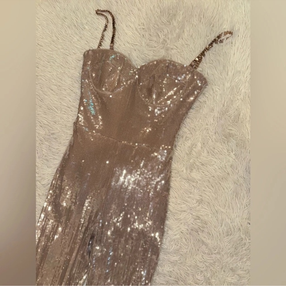 Nadine Merabi Lucinda Champaign Sequin Jumpsuit size 6 cocktail Party Prom - Picture 7 of 12